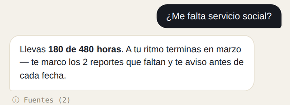 The app telling a student they have 180 of 480 social service hours, that at their pace they finish in March, and that it will warn before each pending report.
