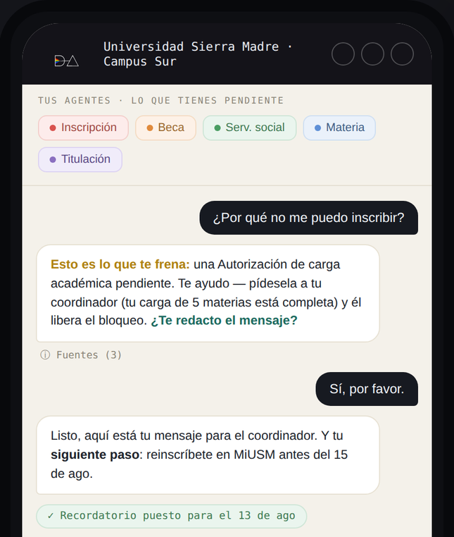 The DiaCroma app explaining to a student that a pending course-load authorization is blocking enrollment, drafting the message to the coordinator and setting a reminder.